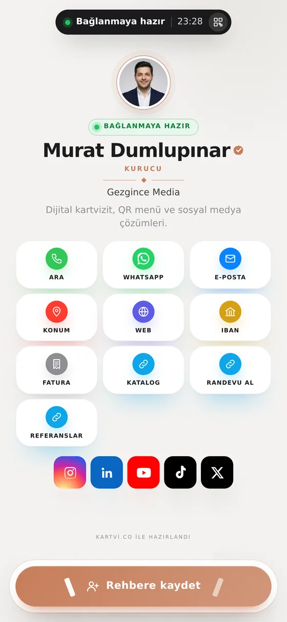 Mimari Minimal teması ile hazırlanmış Kartvi kartvizit ekranı